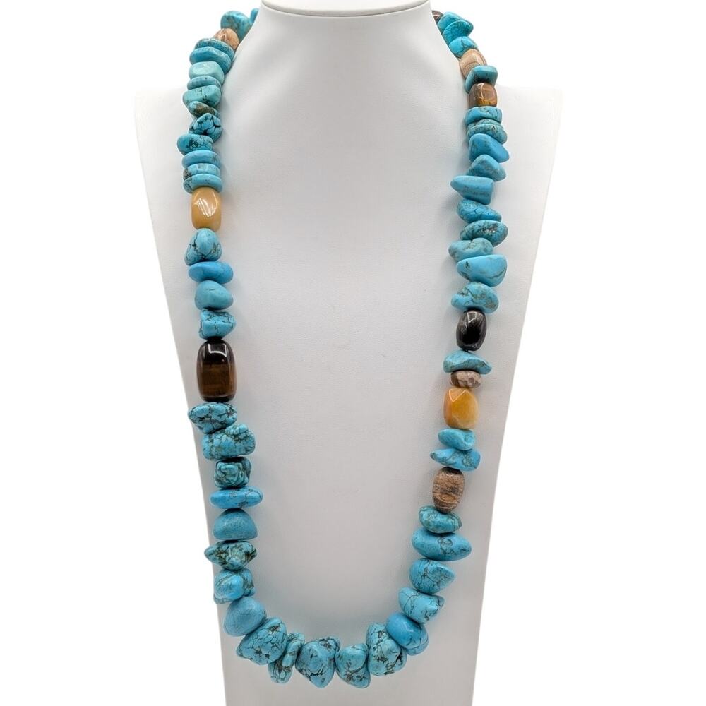 Chunky Southwestern Turquoise Tigers Eye Agate Bead Sterling Silver 30" Necklace